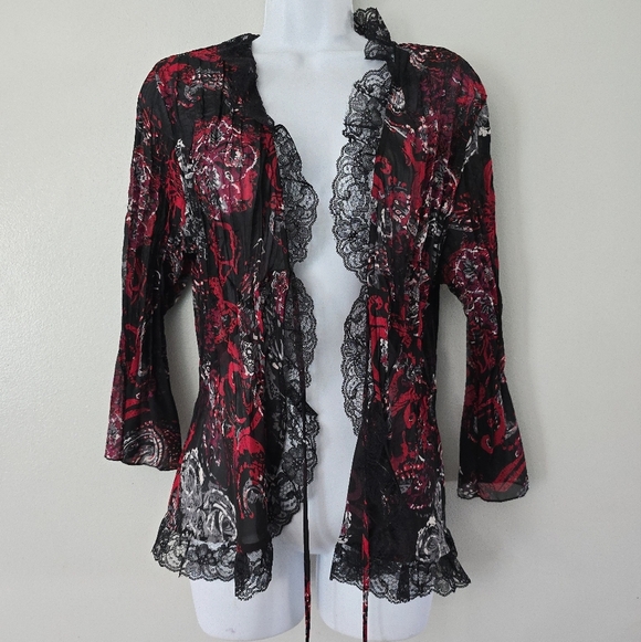 Black Red Sheer Blouse Lace Trim Tie Front Romantic Visual Kei Whimsigoth Large - Picture 1 of 11